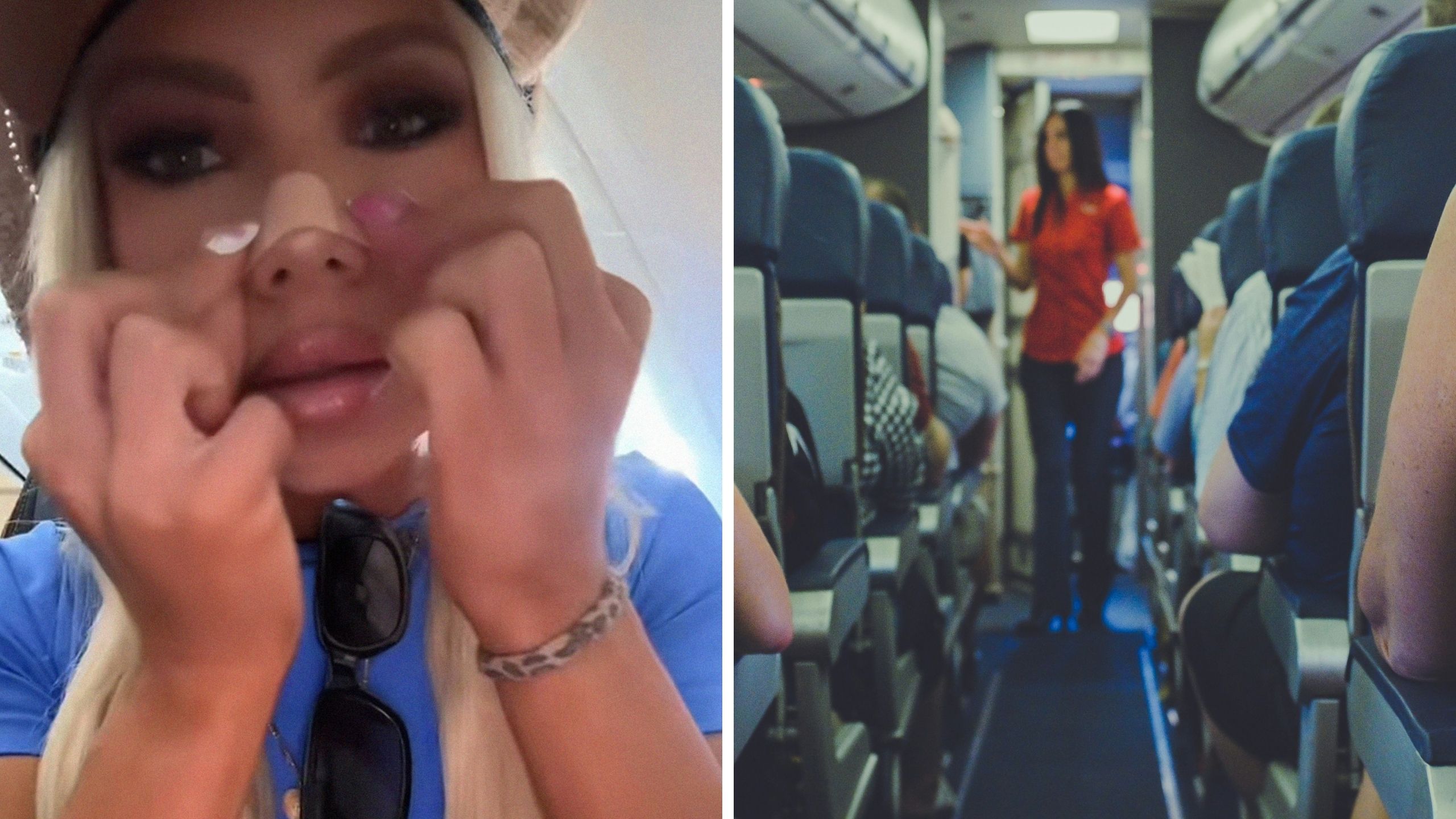 woman shares flight experience (l) flight attendant helping passenger (r)