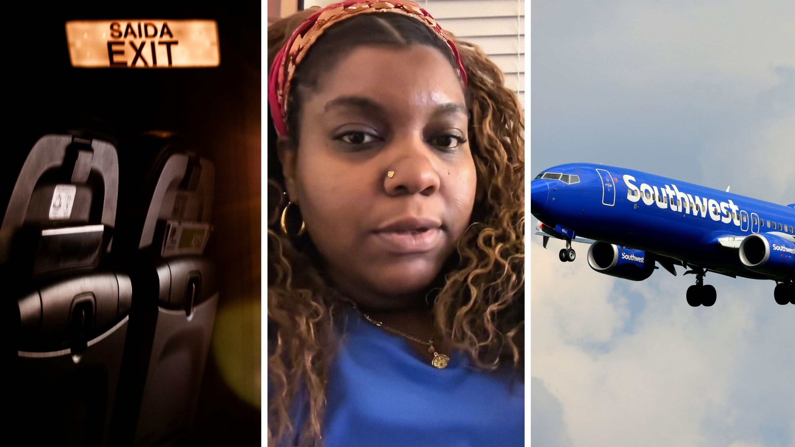 flight exit row (l) woman shares southwest airlines issue (c) Southwest airlines aircraft (r)
