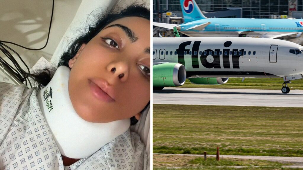 woman shares traveling accident and airline issue (l) Flair Airlines aircraft (r)
