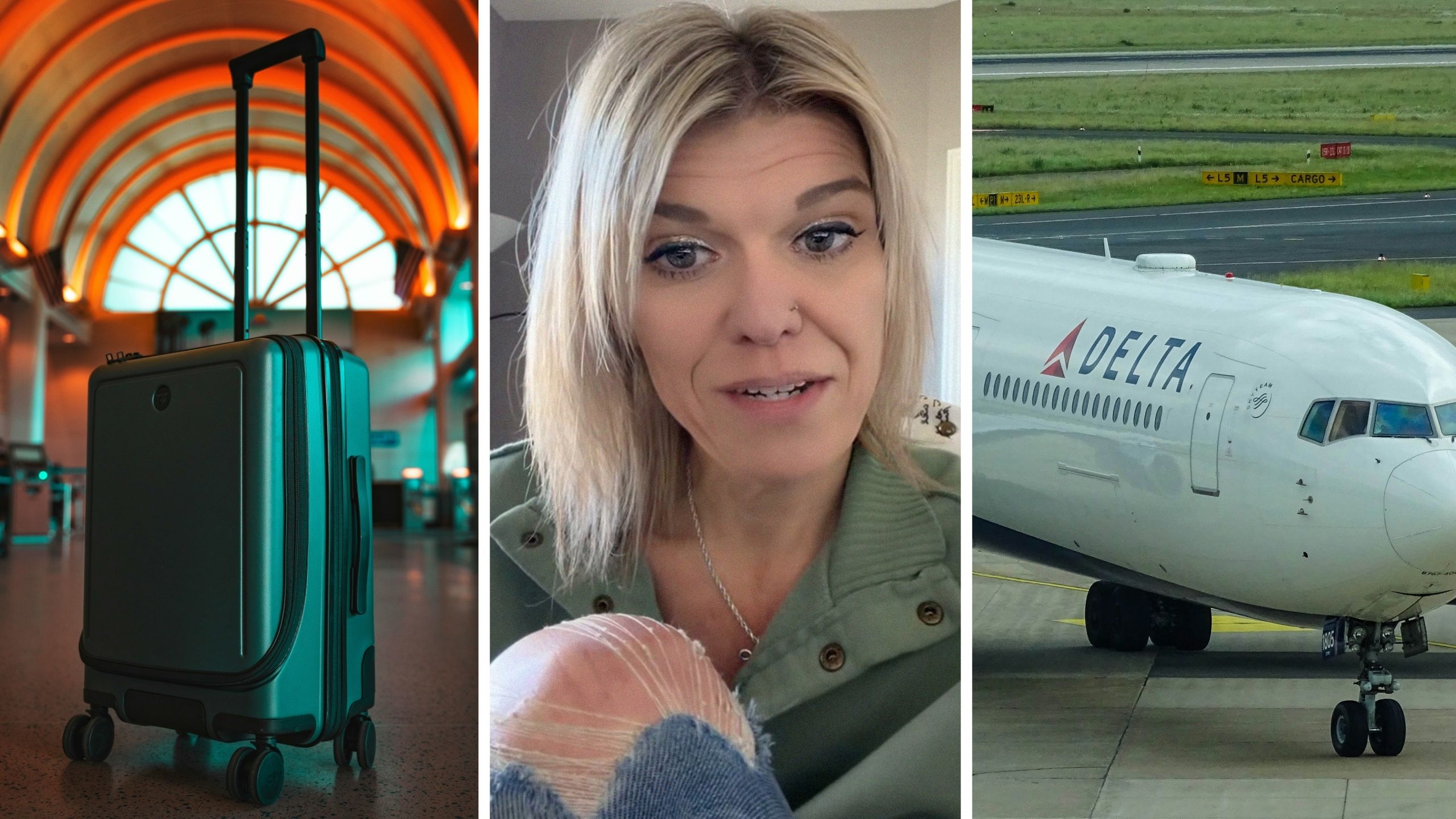 carry on bag (l) woman shares flight issue (c) delta airlines (r)