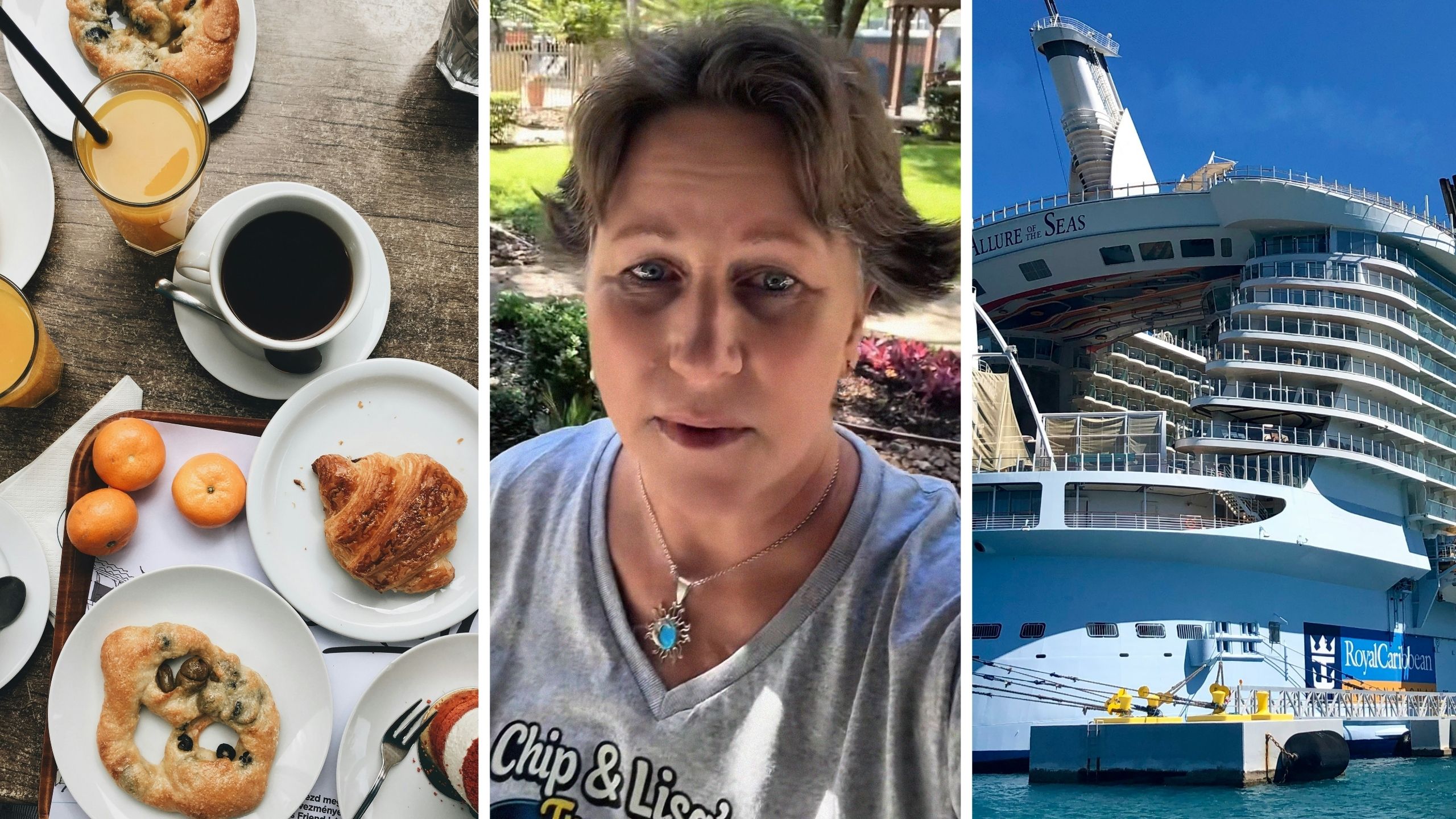 cruise breakfast (l) woman shares her cruise breakfast order (c) Royal caribbean cruise (r)