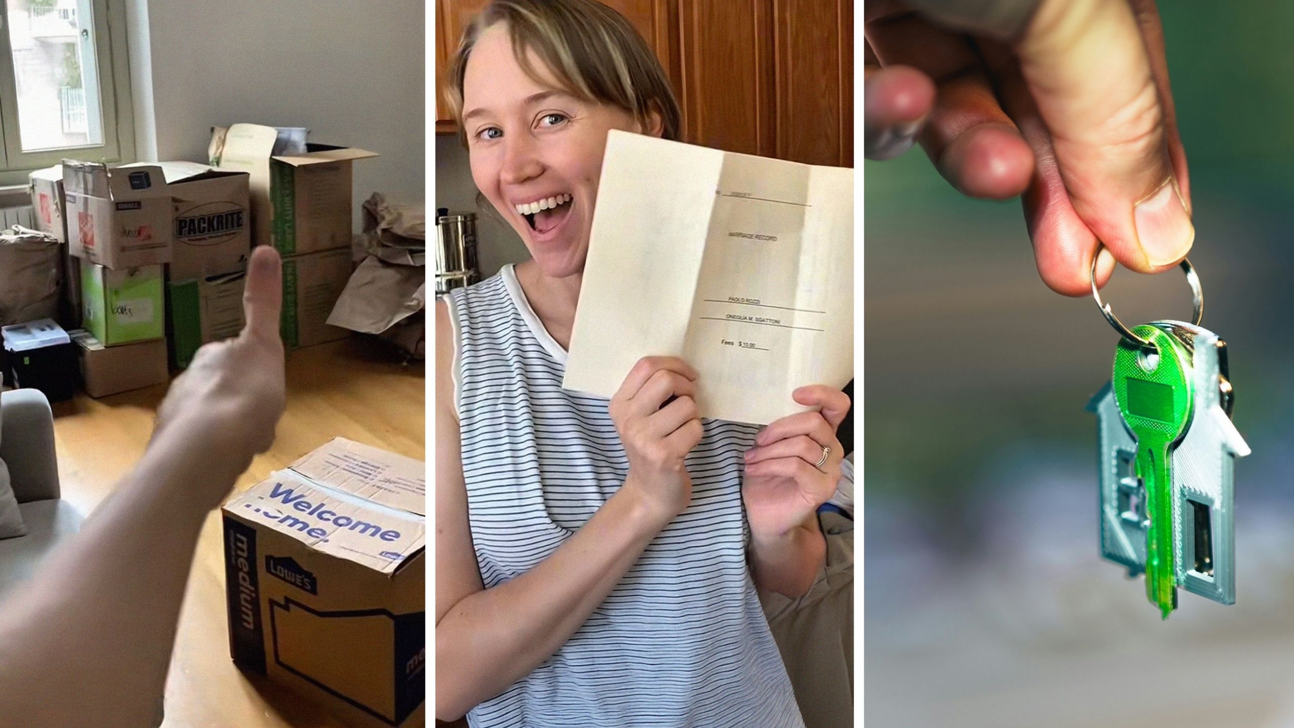 moving out boxes (l) woman shares moving from USA to Italy experience (c) new home keys (r)