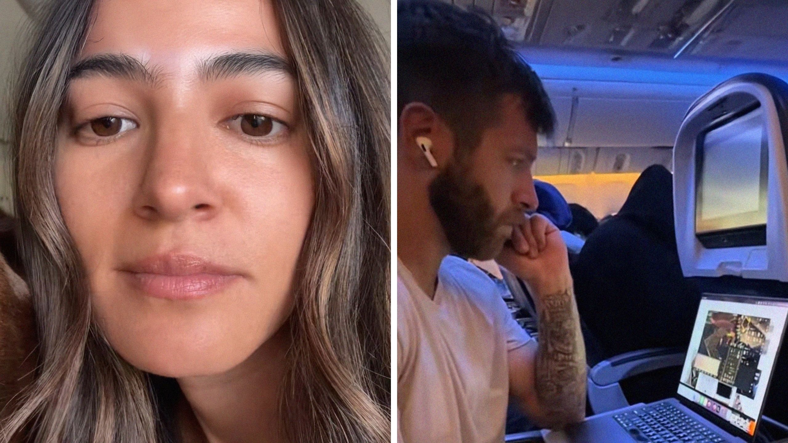 woman shares flight experience with her partner (l) man in flight using laptop (r)