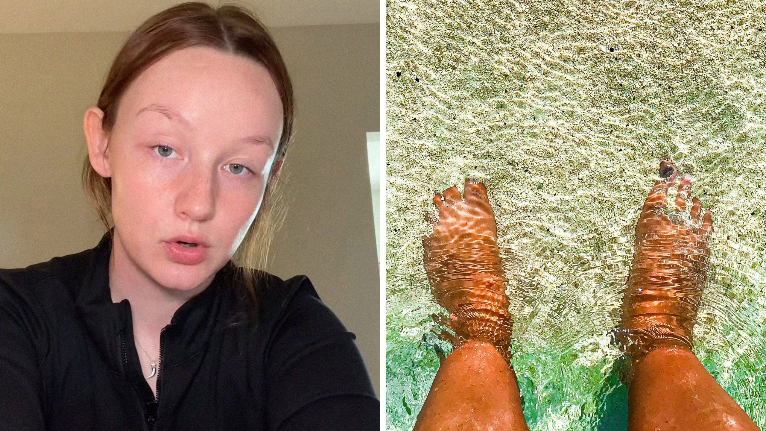woman shares beach awareness (l) feet in beach (r)