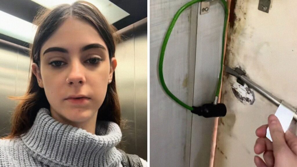 woman shares traveling experience (l) entrance to vacation stay (r)