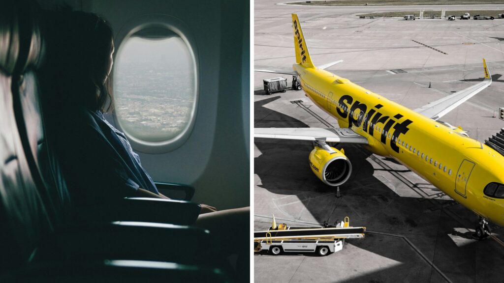 Passenger looks out plane window (l) Spirit airlines aircraft (r)