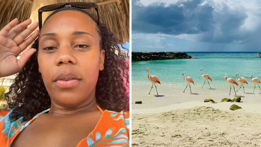 woman shares vacation experiences (l) Aruba beach and animals (r)