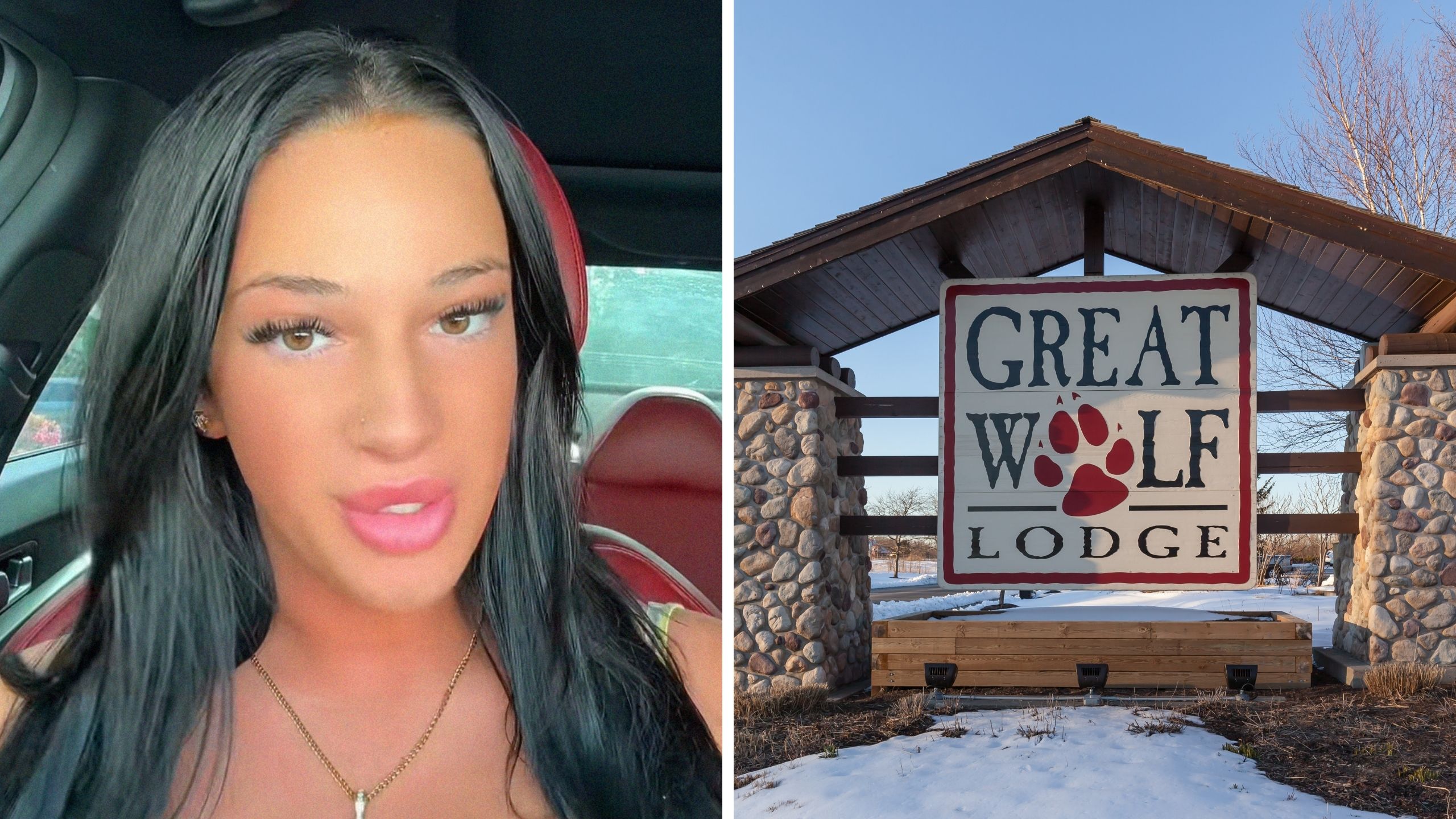 woman shares resort experience (l) Great Wolf Lodge entrance (r)