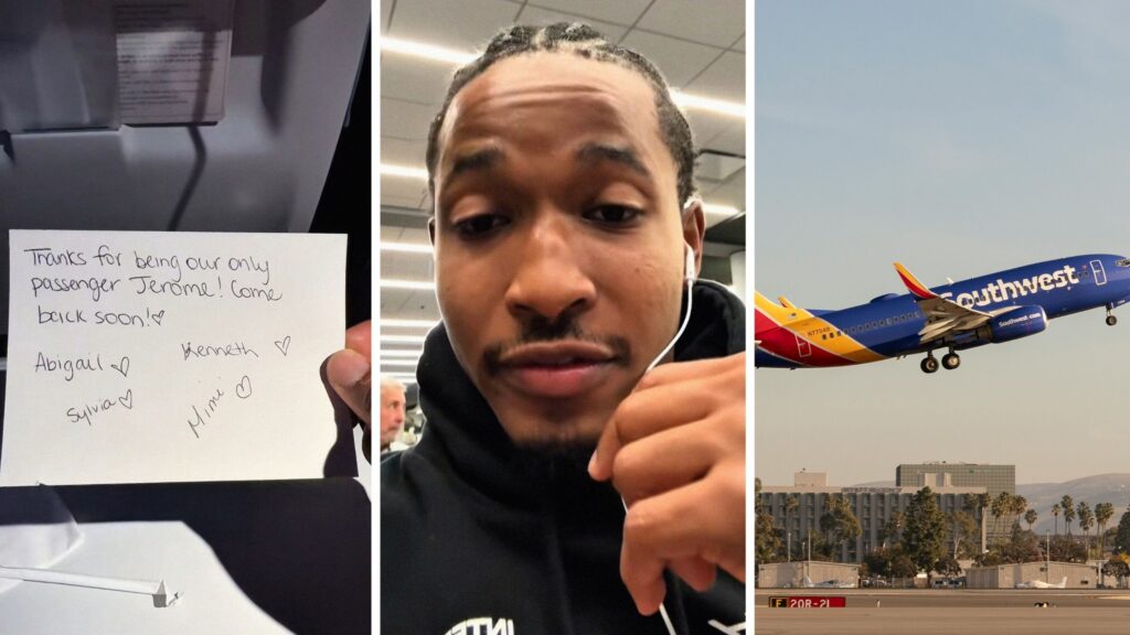 note with a message on it (l) man shares traveling experience (c) Southwest airlines (r)