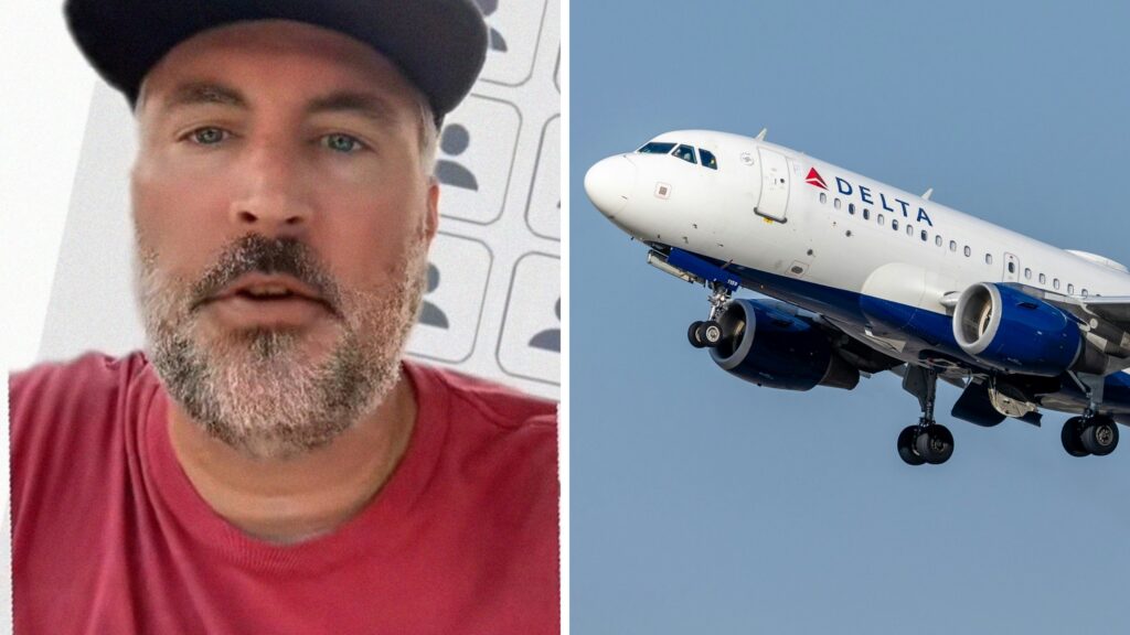 man observes his flight features (l) Delta airlines (r)
