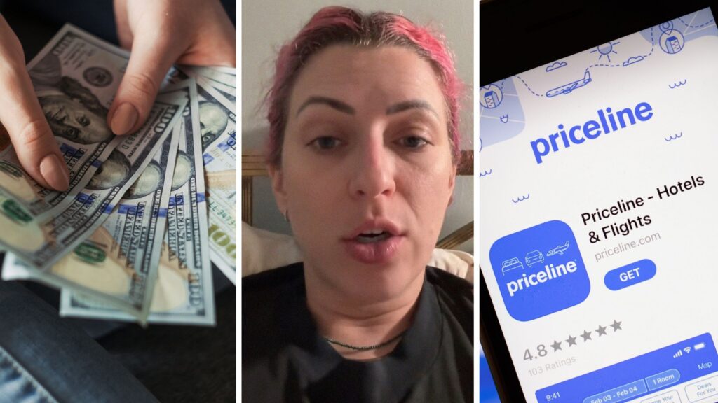 saving cash (l) woman shares saving hack (c) Priceline booking app (r)