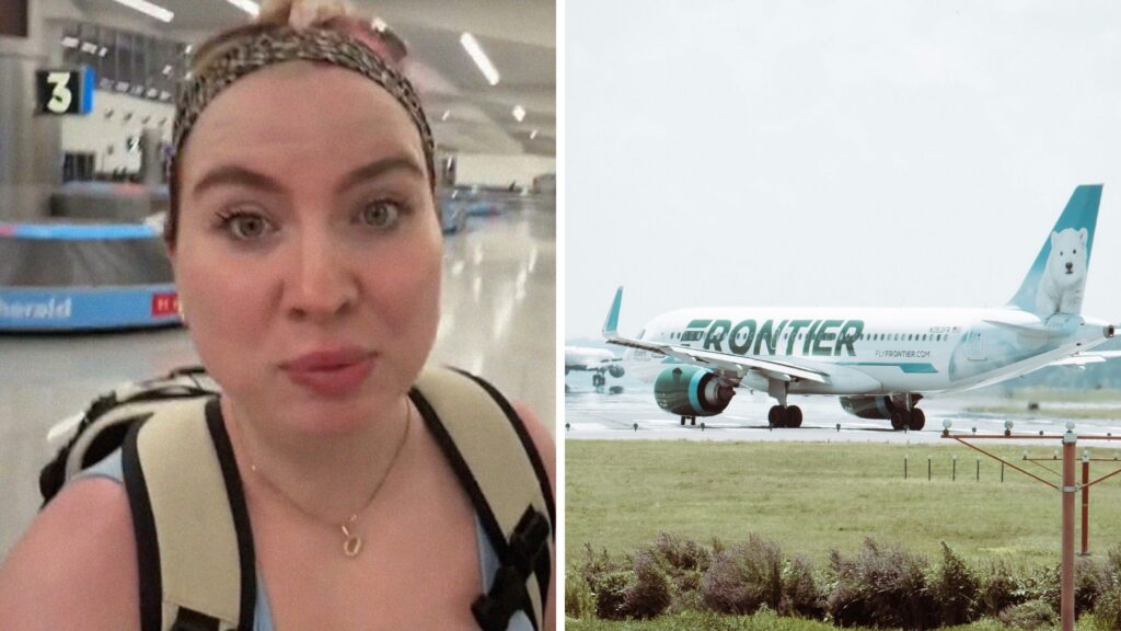 woman shares Frontier airline experience (l) Frontier aircraft (r)