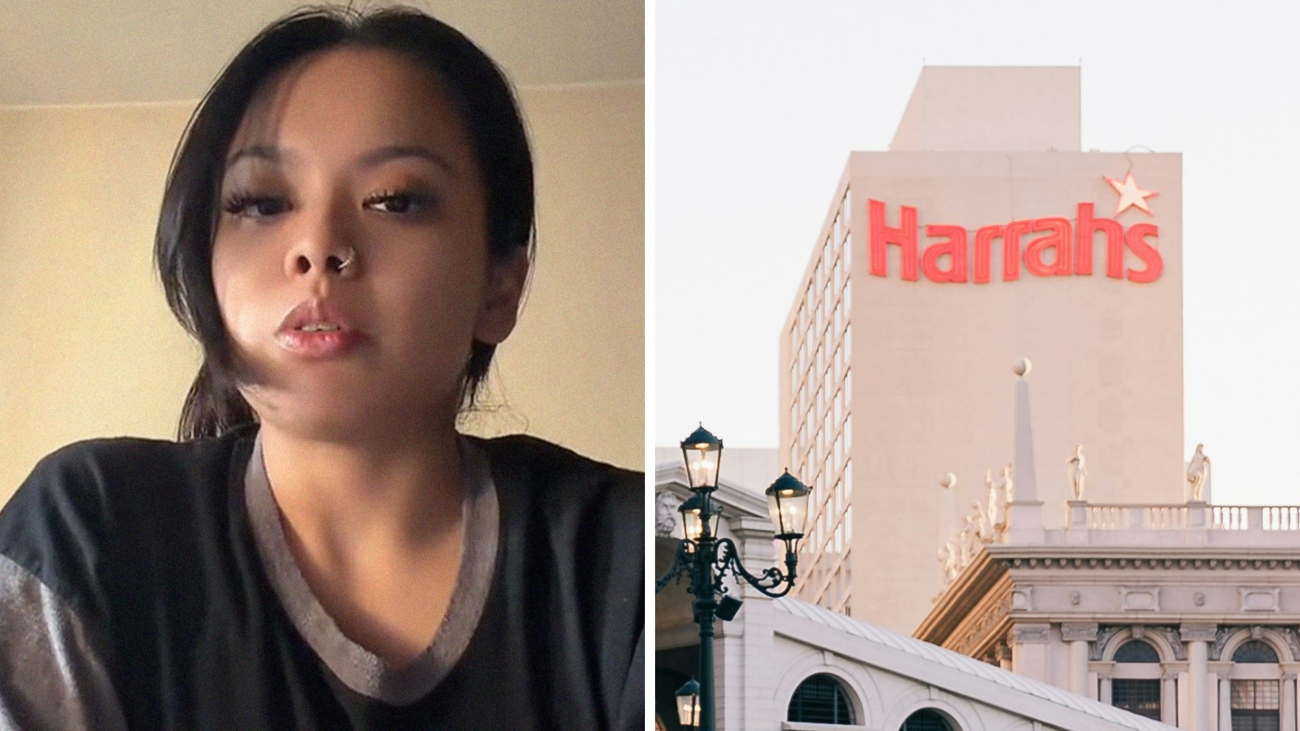 woman shares hotel experience (l) Harrah's front view (r)