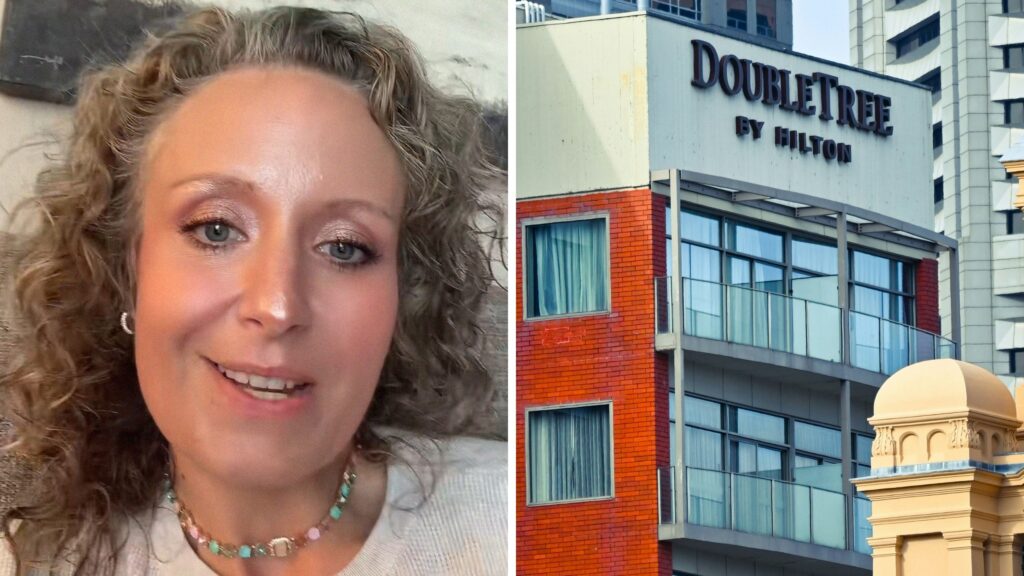 woman shares hotel experience (l) Doubletree hotel front view (r)