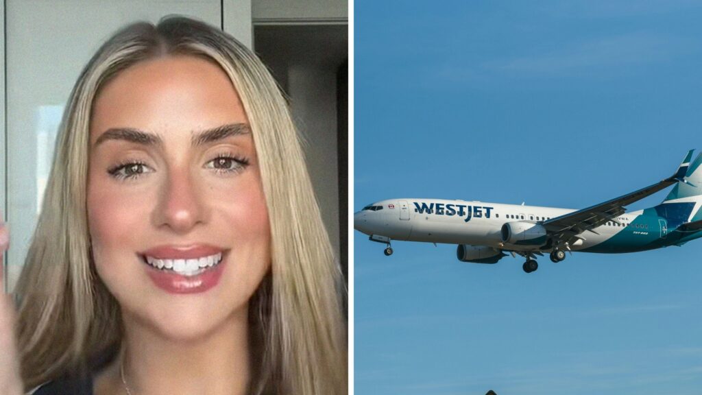 woman shares airline issue (l) WestJet airlines aircraft (r)