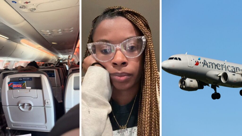 full flight (l) woman shares travelling issue (c) American Airlines aircraft (r)