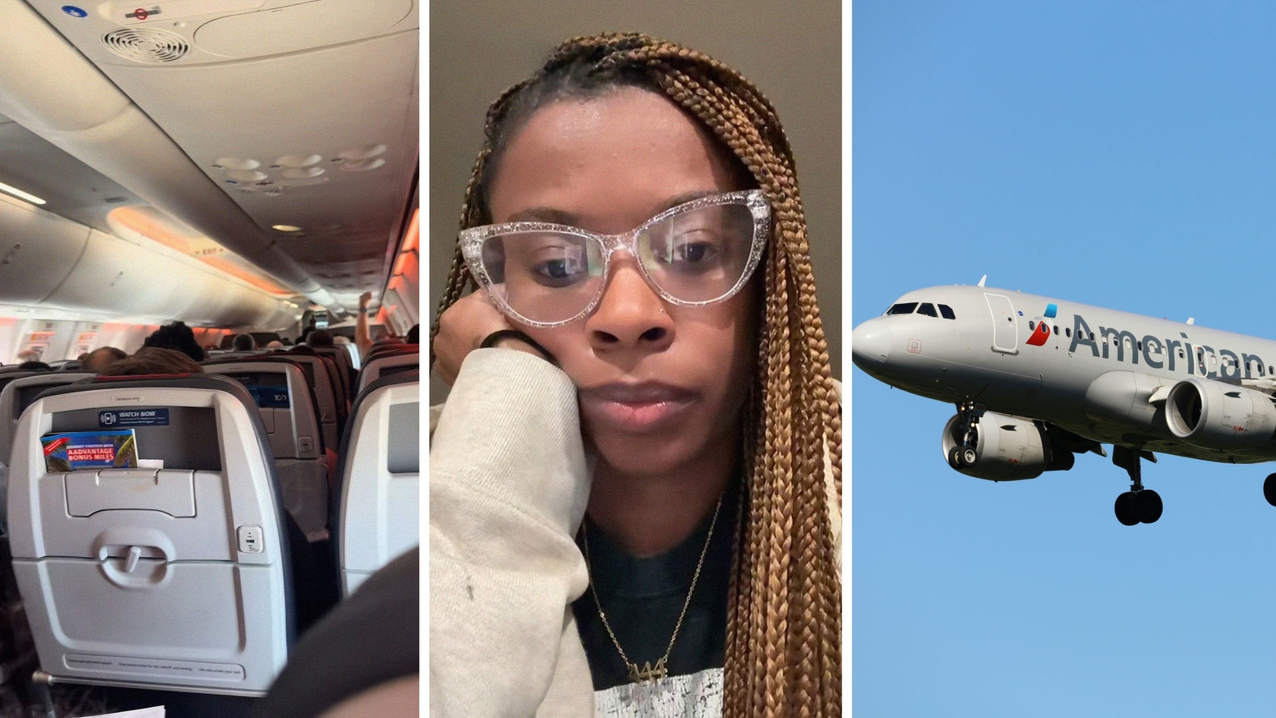 full flight (l) woman shares travelling issue (c) American Airlines aircraft (r)