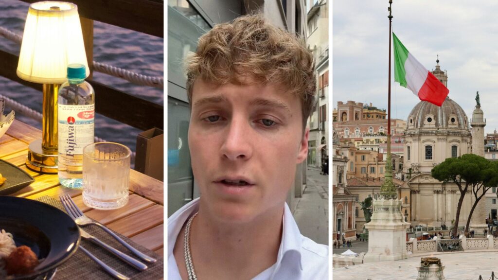 bottle of water at restaurant (l) man shares his Italy experience (c) Italy flag (r)