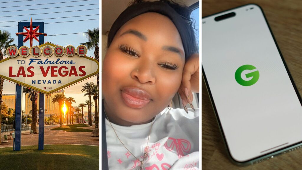 Las Vegas sign (l) woman shares Groupon experience (c) Groupon app (r)