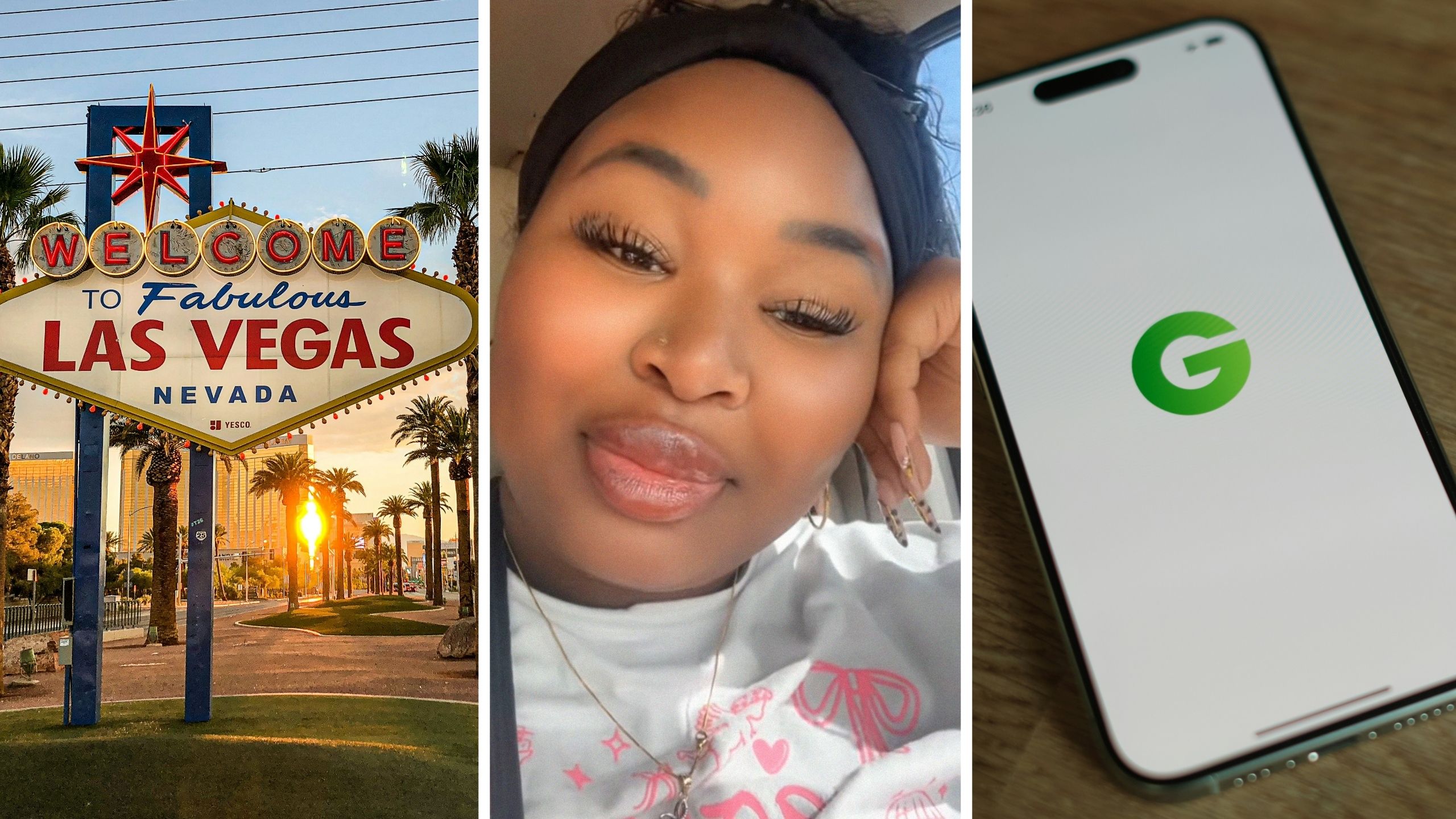 Las Vegas sign (l) woman shares Groupon experience (c) Groupon app (r)