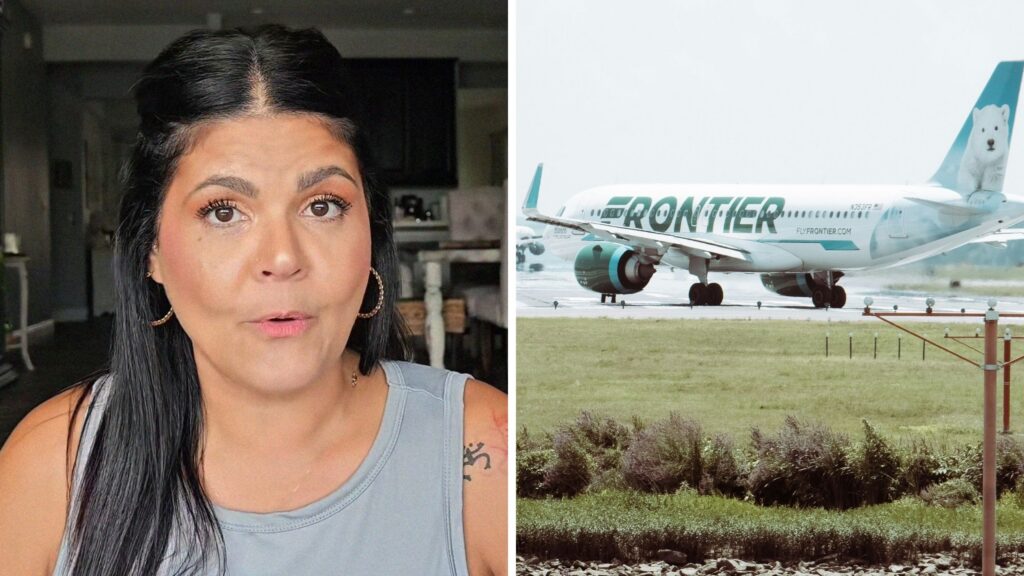 woman shares Frontier pass purchase (l) Frontier aircraft (r)