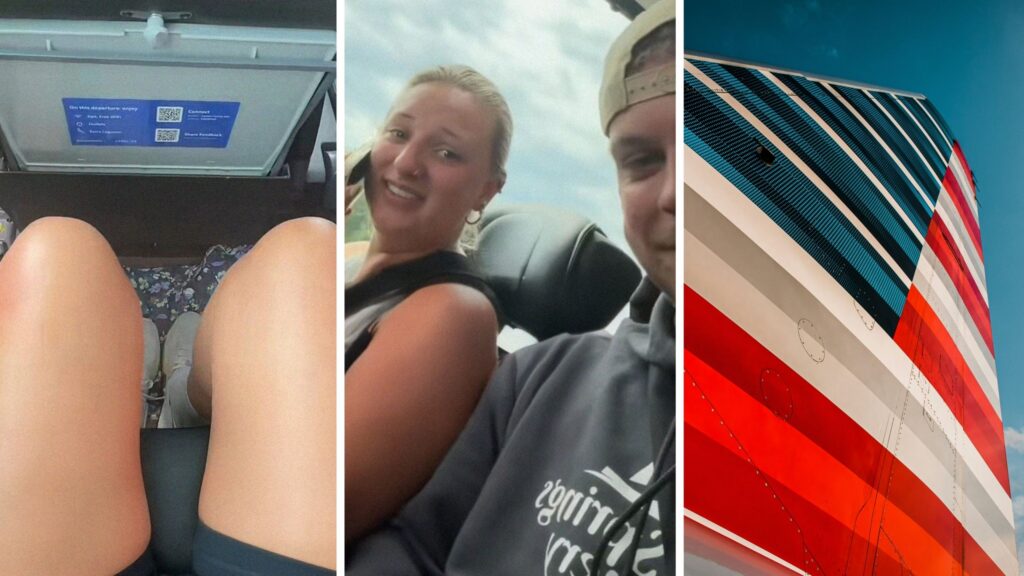 passenger in seat (l) American airlines customer share travelling experience (c) American airlines logo (r)