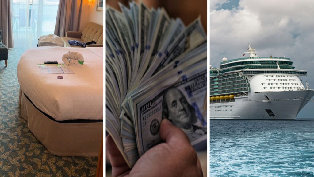 cruise room (l) man spend hundreds on tips (c) Royal caribbean cruise (r)