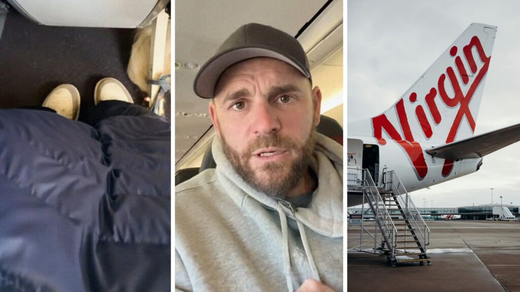 little space in flight (l) man shares travelling issue (c) Virgin Australia flight (r)