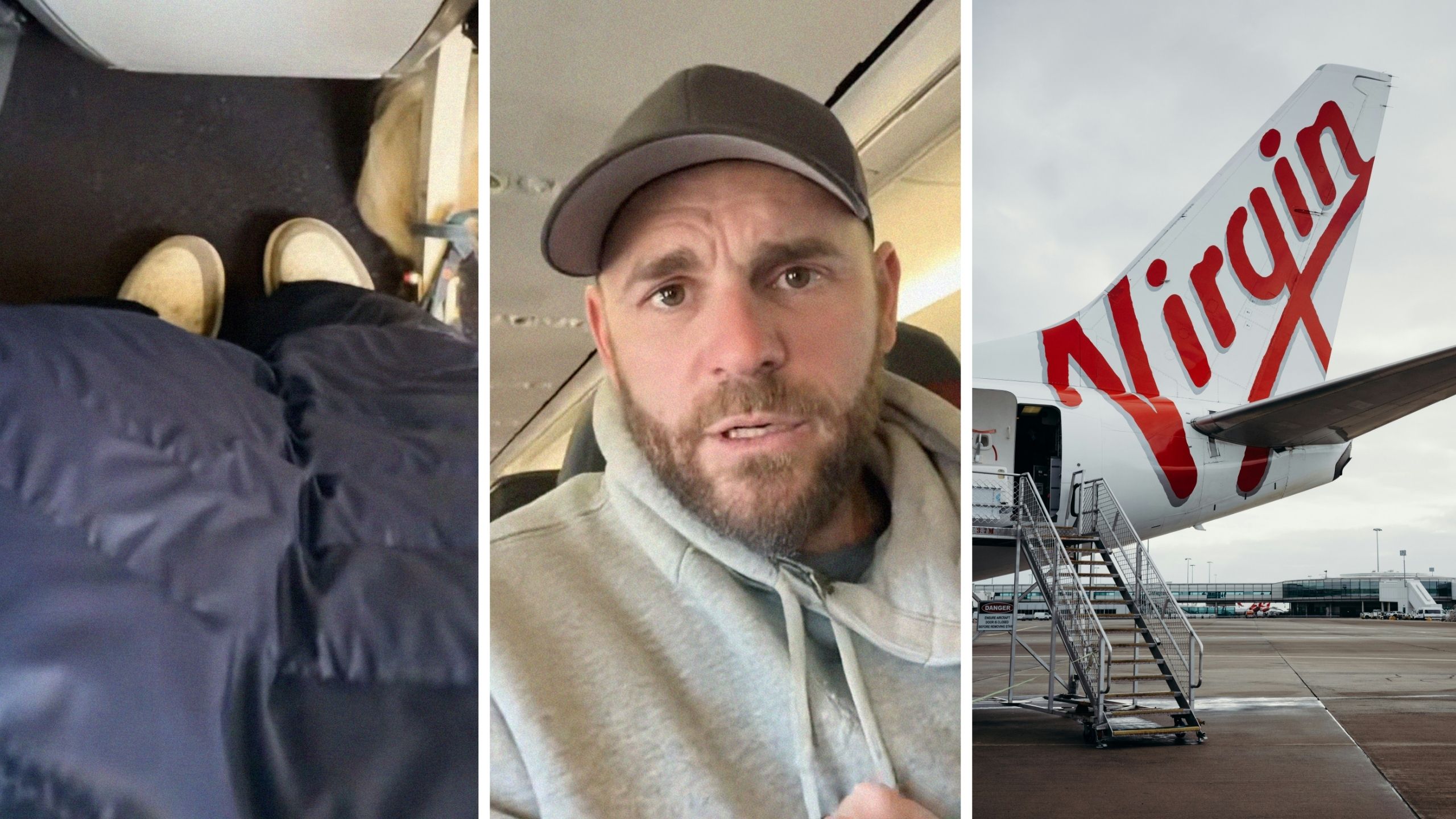 little space in flight (l) man shares travelling issue (c) Virgin Australia flight (r)