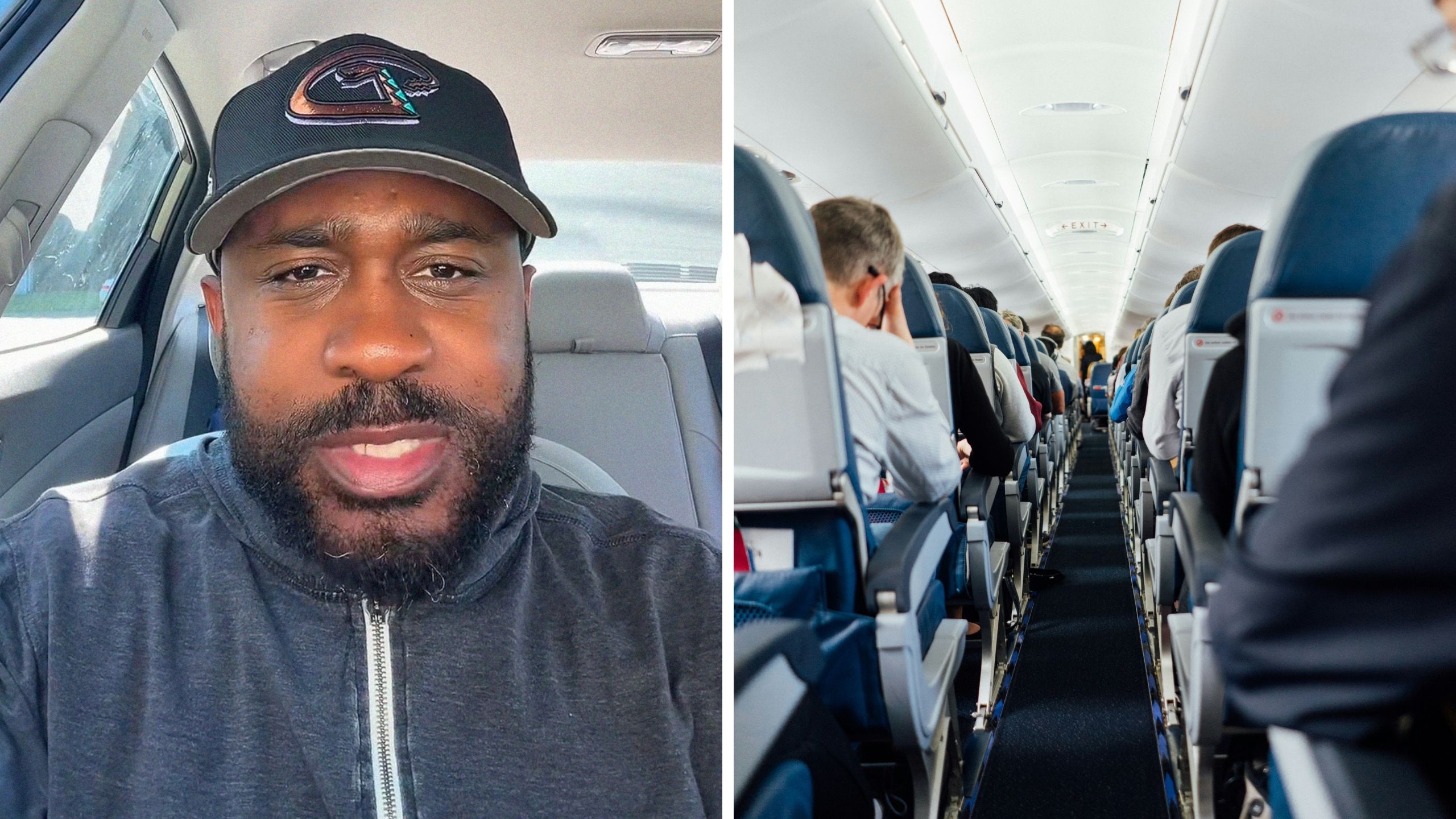 man shares travelling tips (l) flight seats (r)