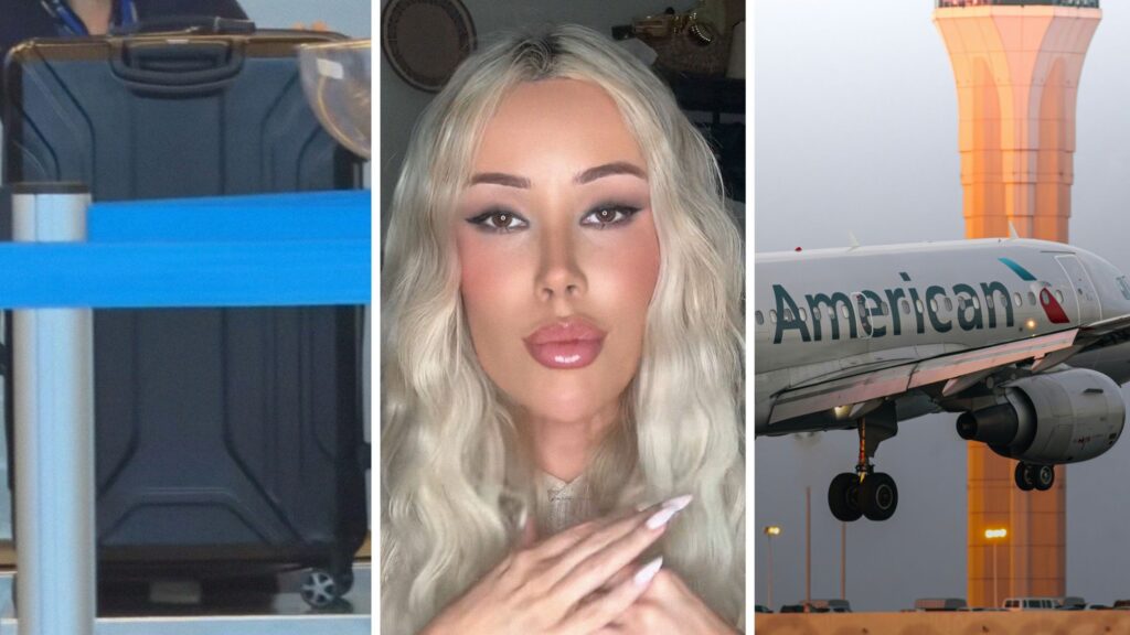 check-in luggage (l) woman shares airline issue (c) American airlines (r)
