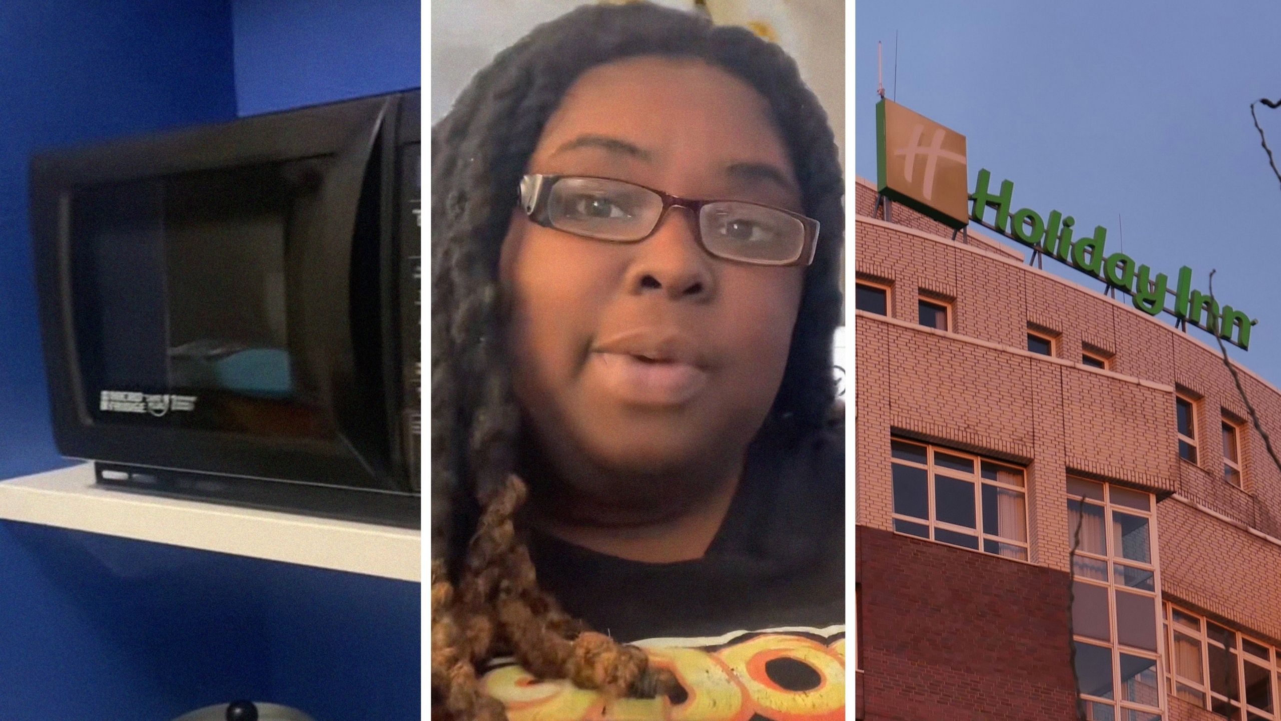 black microwave (l) woman shares hotel observation (c) Holiday Inn hotel (r)