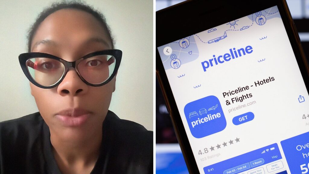 woman shares hotel booking hacks (l) Priceline booking app (r)