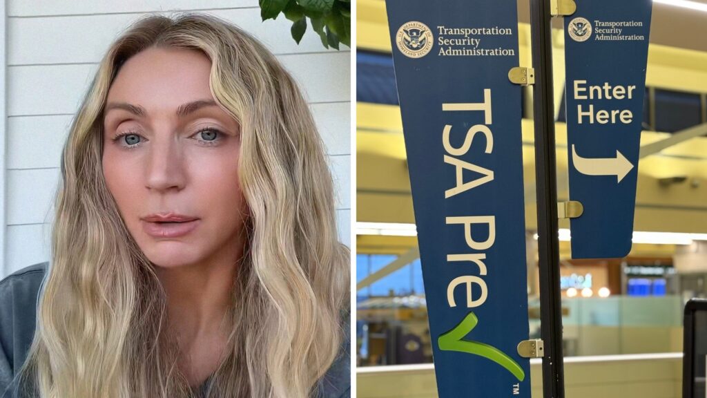 woman shares TSA experience (l) TSA pre-check entrance (r)