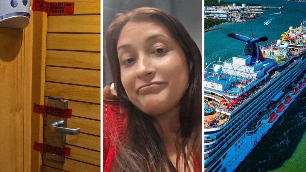 red tape on door (l) woman shares cruise experience (c) carnival cruise (r)