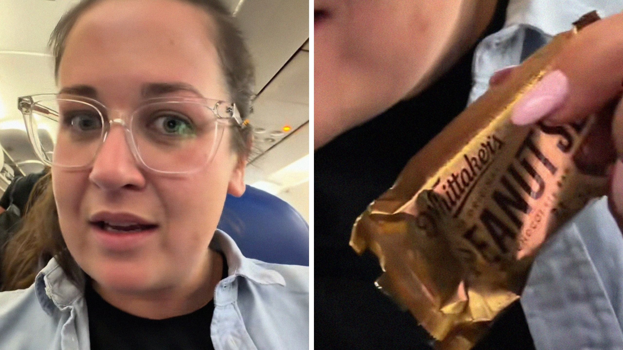 woman shares flight experience (l) peanut bar (r)