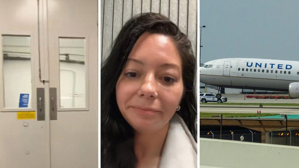 locked door (l) woman shares travelling experience (c) United airlines (r)