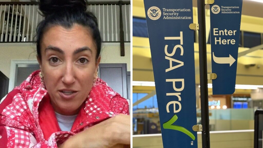 woman shares airport experience (l) TSA entrance (r)