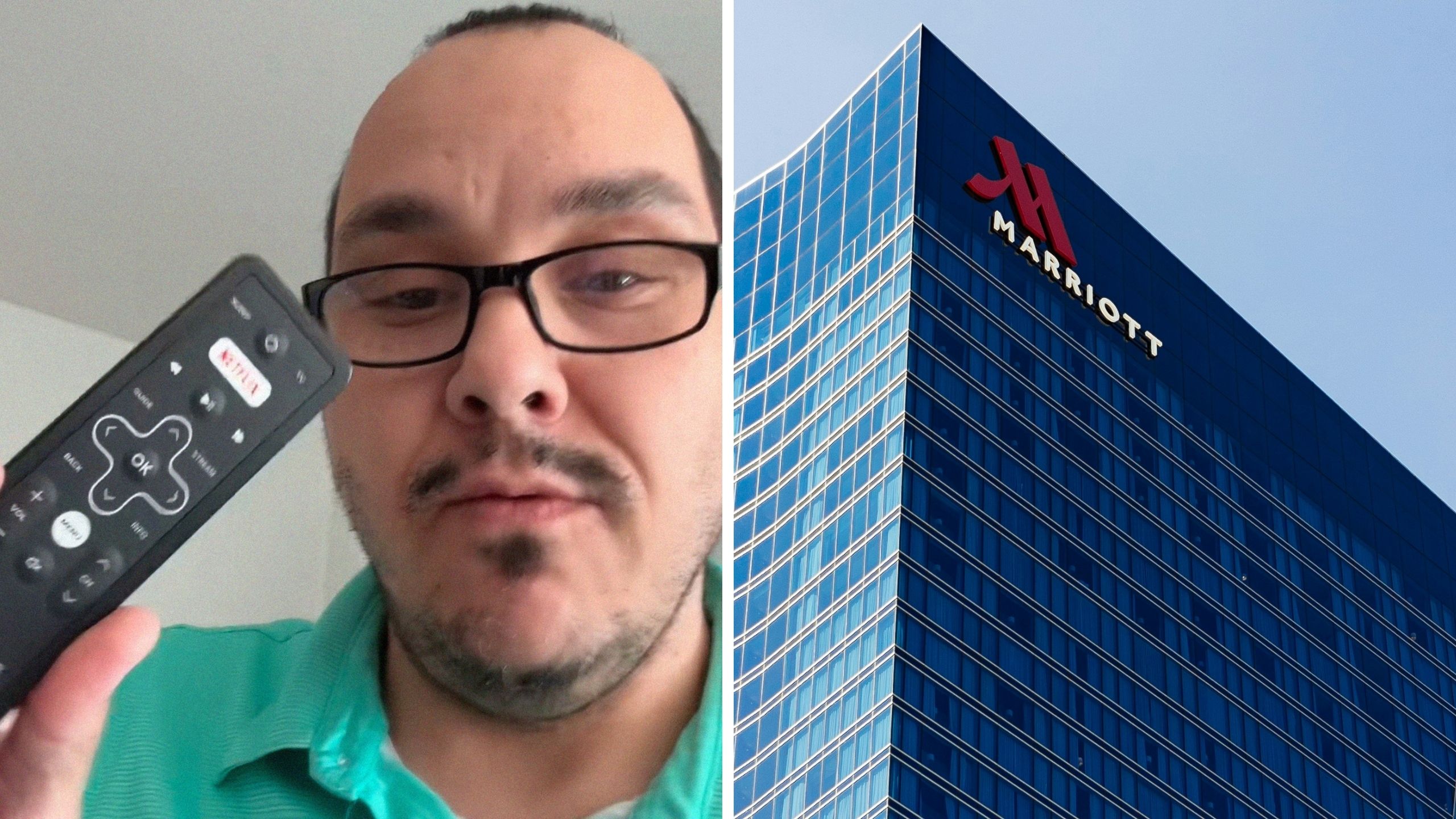 man shares hotel observation (l) Marriott hotel (r)