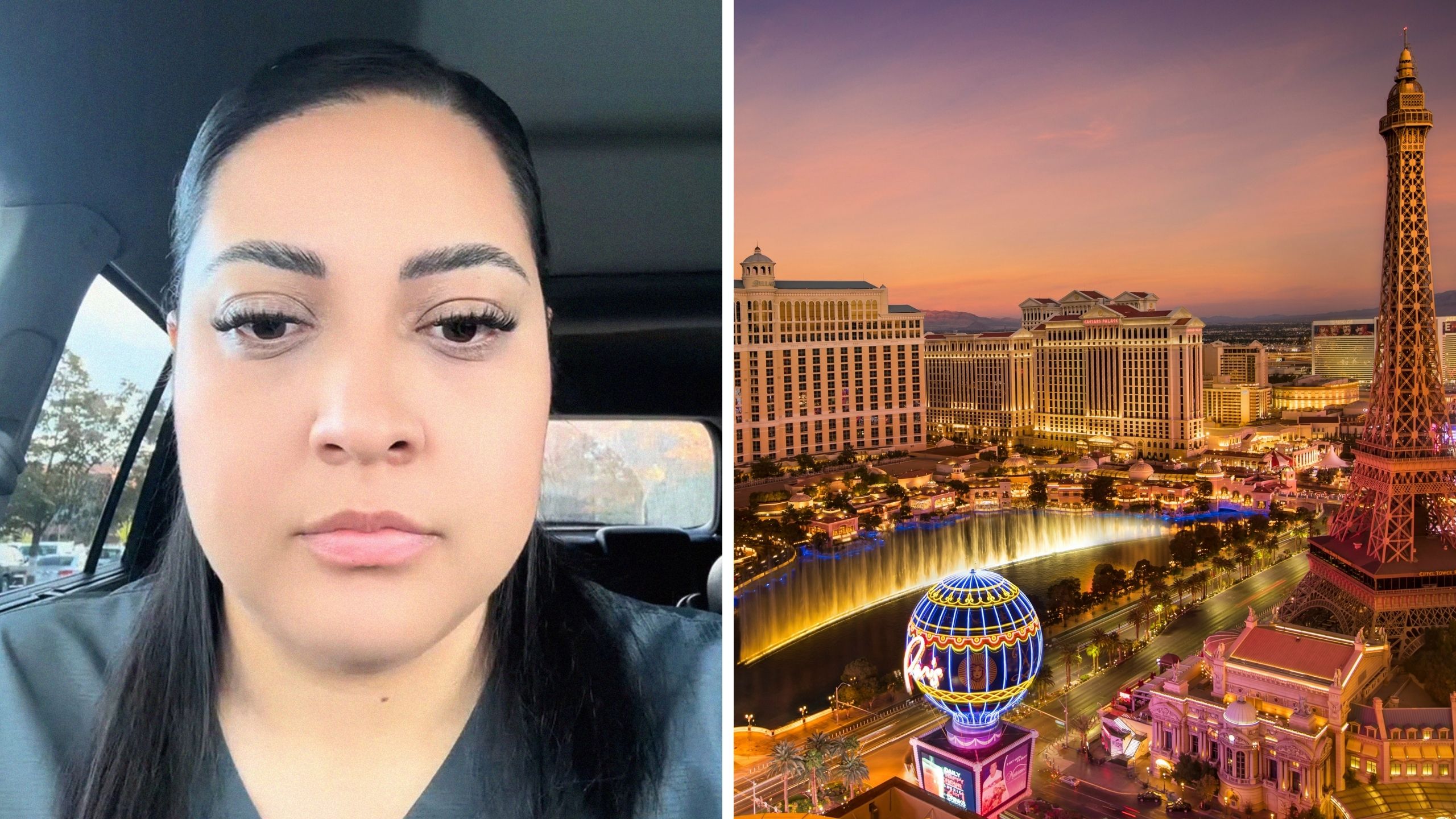 woman shares Las Vegas experience (l) Las Vegas strip (r)