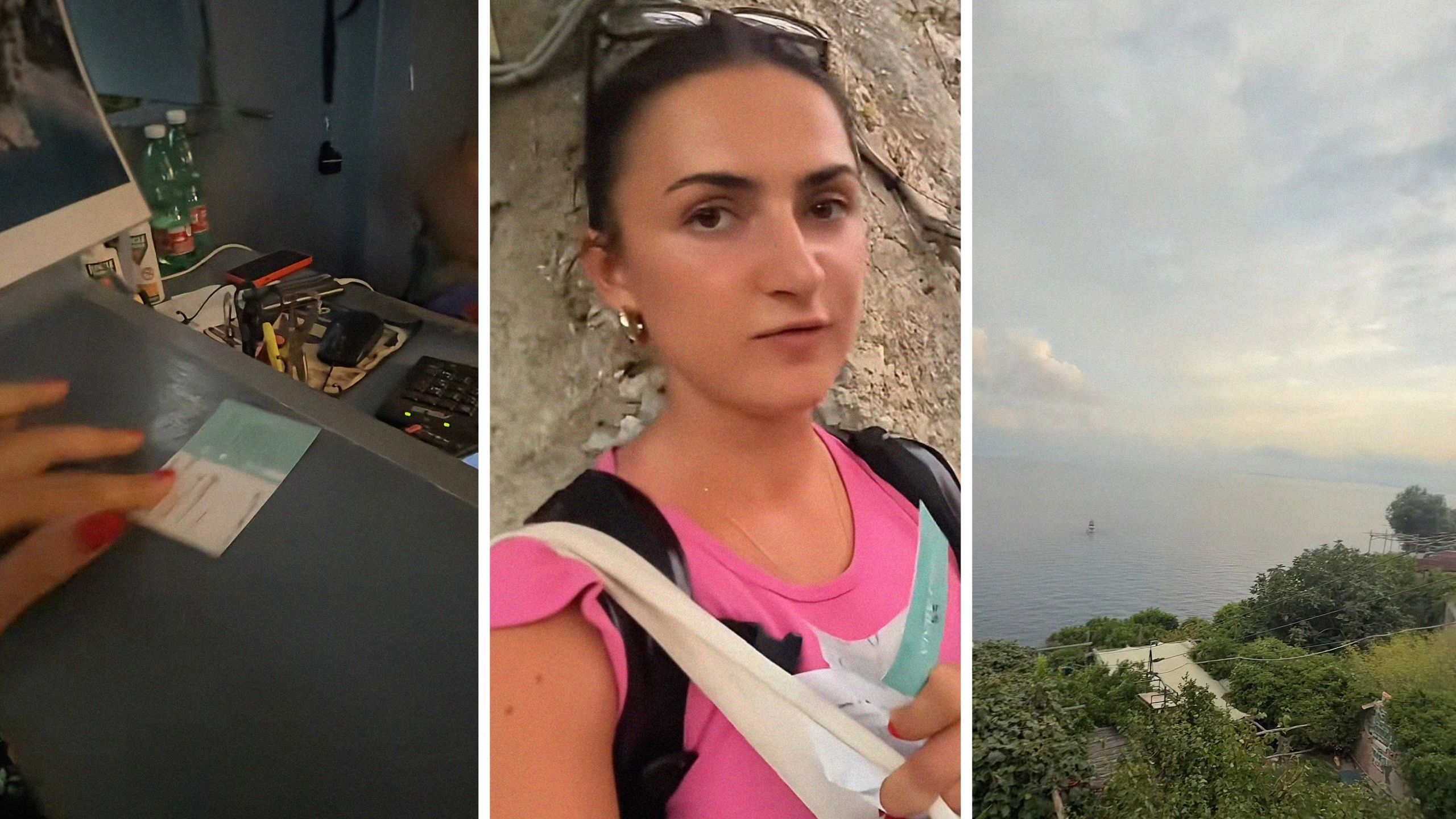 room pass (l) woman shares vacation rental tour (c) The Amalfi Coast (r)