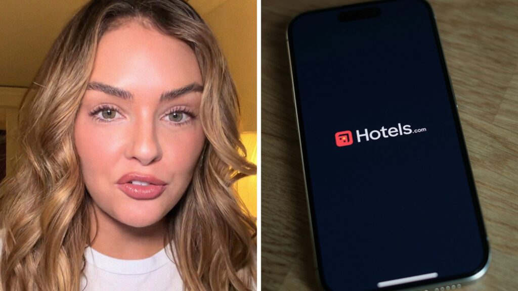 woman shares hotel scam experience (l) Hotels.com app (r)