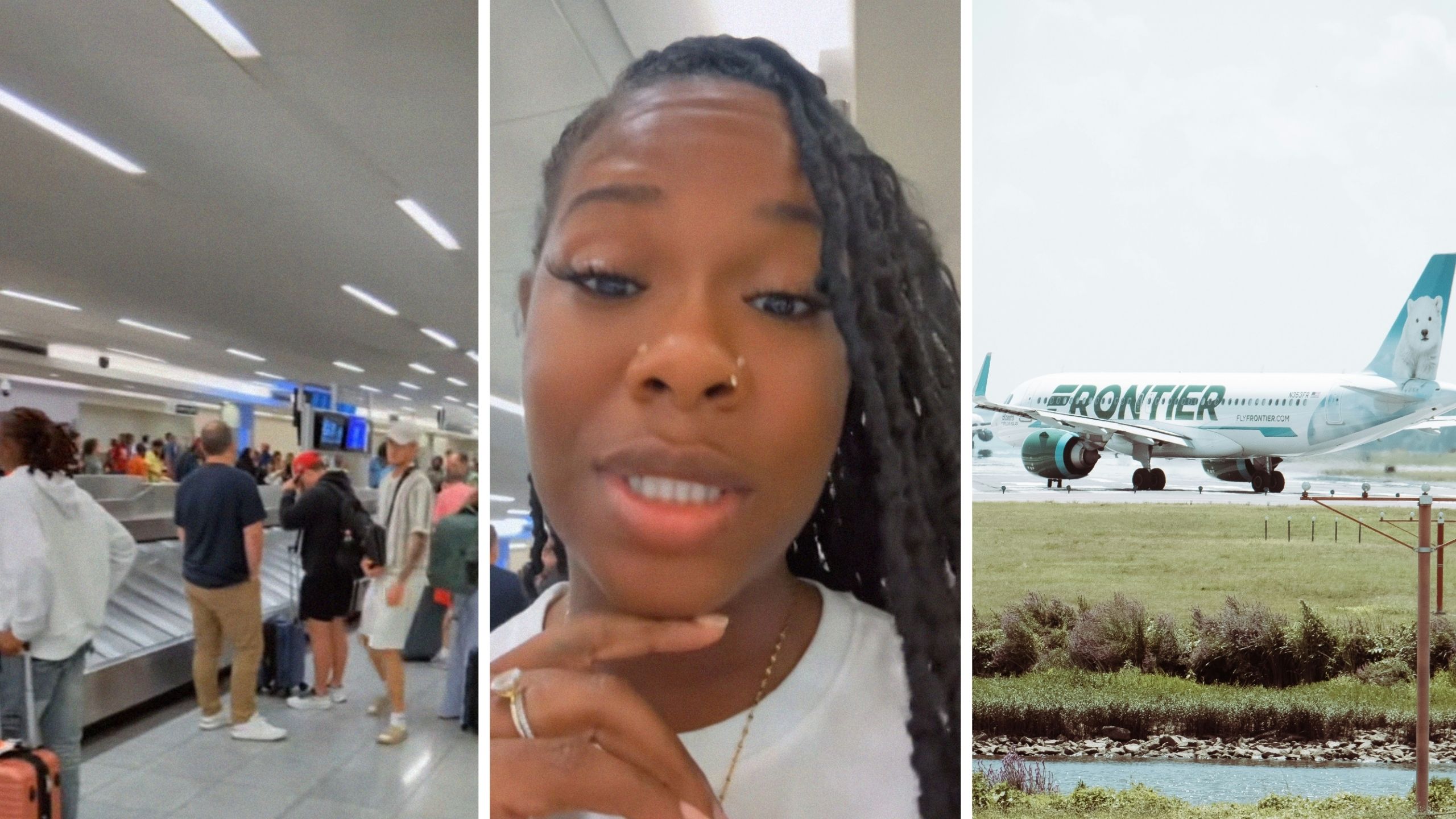 bag carousel (l) woman shares airline issue (c) Frontier airlines (r)
