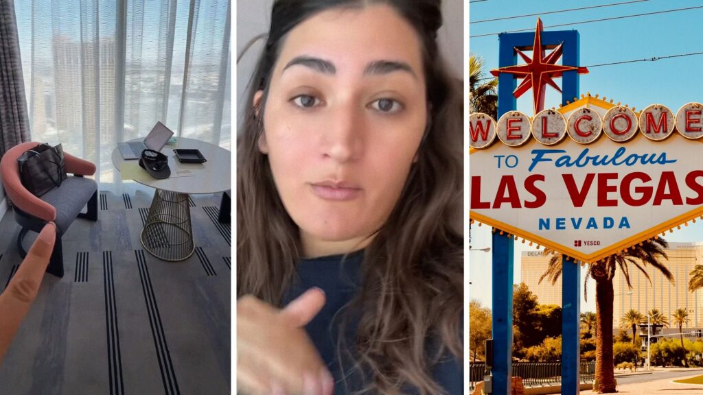 hotel room interior (l) woman shares Las Vegas experience (c) Las Vegas welcome sign (r)