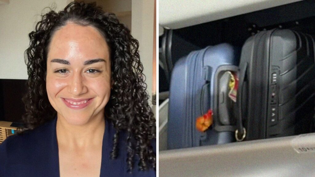 woman shares flight observation (l) flight bag cabin (r)