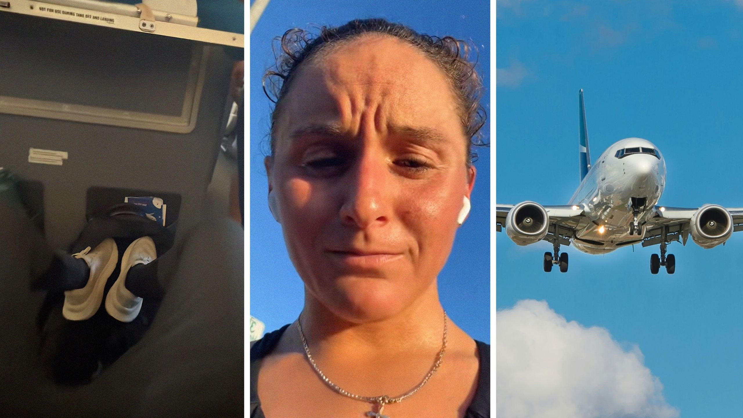 flight leg room (l) woman shares flight experience (c) long flight on the go (r)