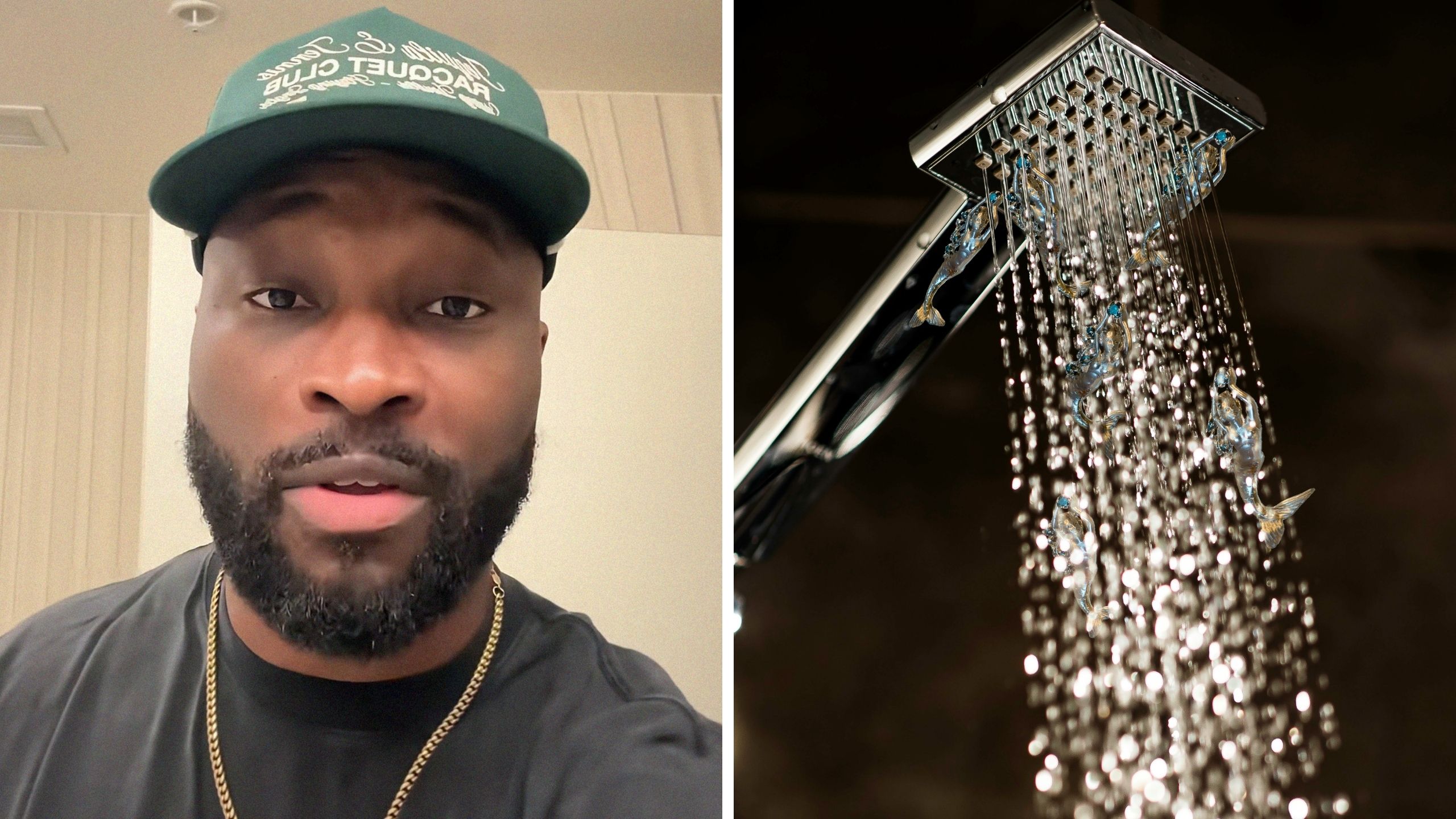 man shares hotel shower concern (l) shower turned on (r)