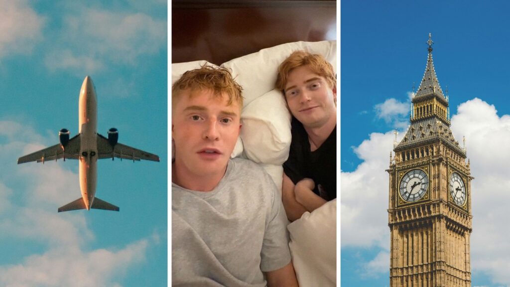flight on the go (l) men share travelling experience (c) London landmark (r)