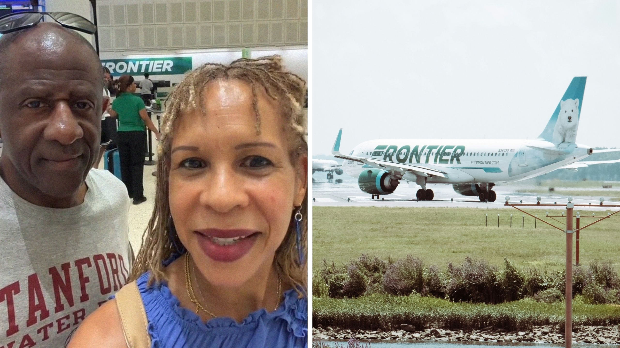 couple share travelling experience (l) Frontier airlines (r)