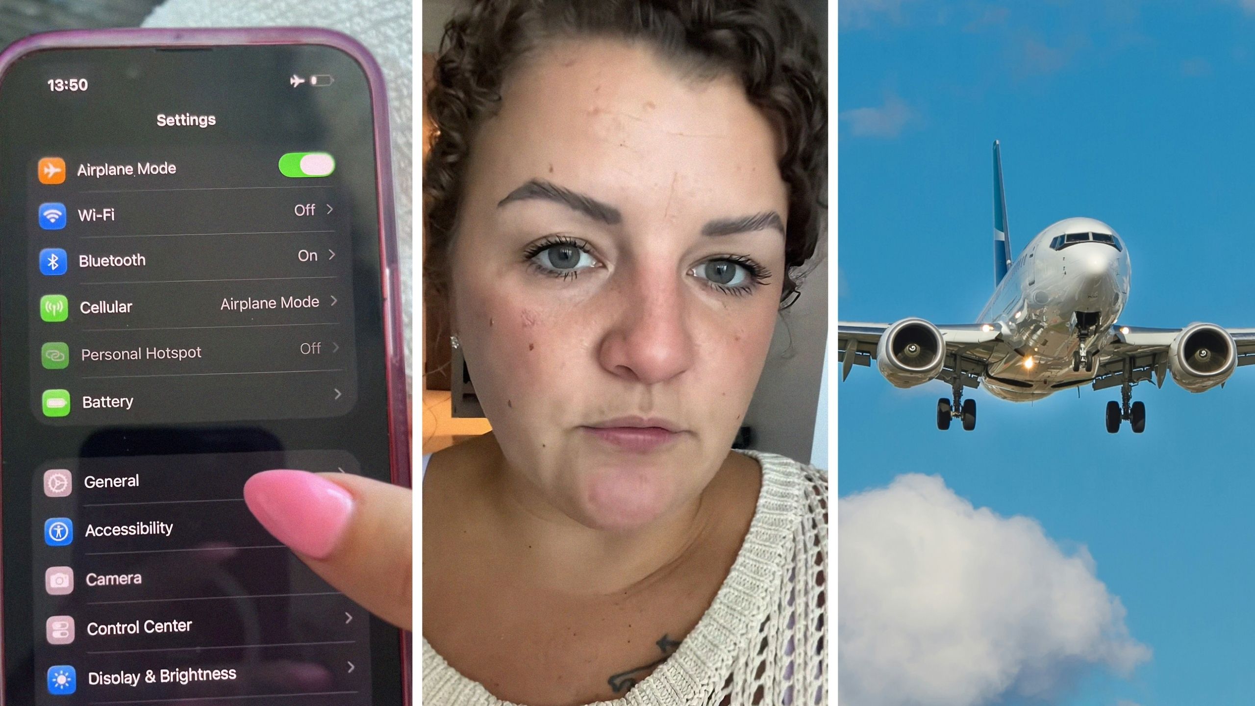 iPhone settings (l) woman shares travelling hack (c) plane on the go (r)